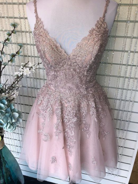 A Line Spaghetti Straps Blush Homecoming Dress With Appliques Beading cg3296