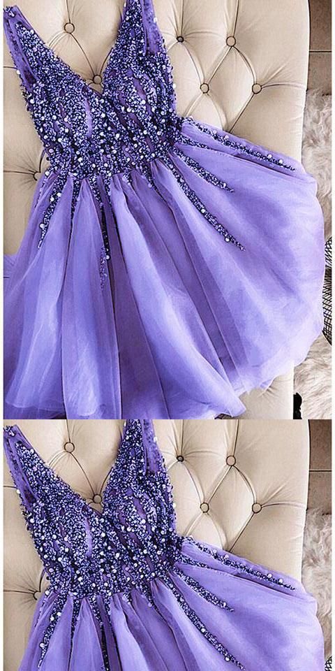 V-Neck Beaded Short Lavender Homecoming Dress Custom Made Cute Cocktail Party Dress cg3297