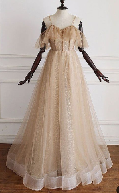 Champagne tulle off shoulder long prom dress champagne evening dress cg3210