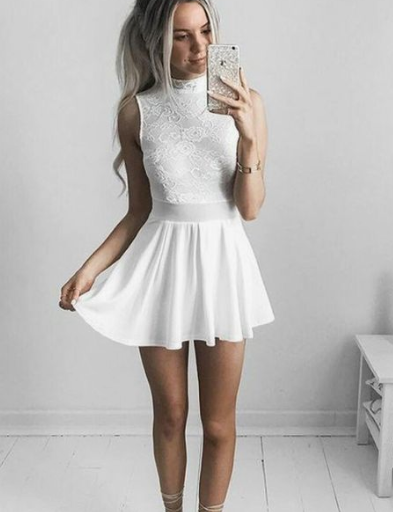 A-Line High Neck Short White Chiffon Homecoming Dress with Lace cg3313