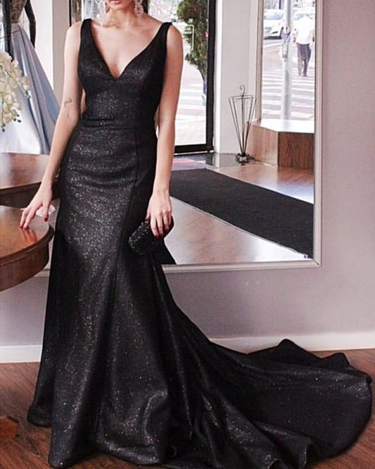 Sparkle Sequin Mermaid Prom Dresses V Neck Evening Gown cg3323