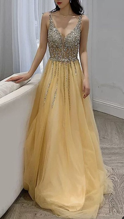 yellow prom dress tulle v neck evening gown sequin beaded cg3324