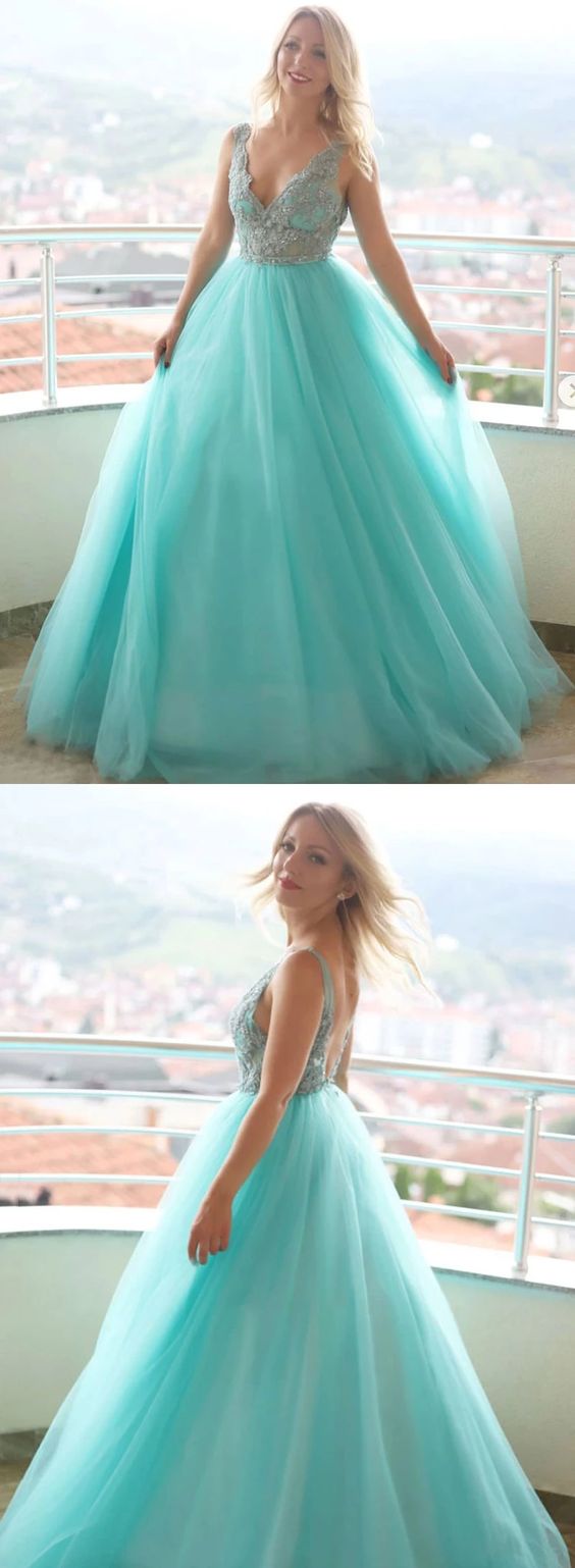 Stylish v neck tulle lace long prom dress, evening dress cg3331