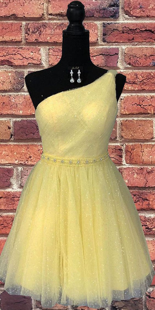 Sparkly Tulle One Shoulder Yellow Homecoming Dress cg3352