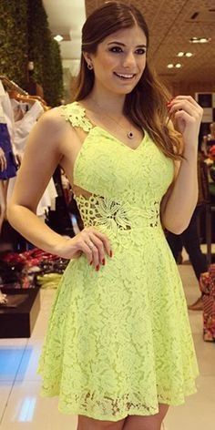 Sexy Backless V-neck Sleeveless Yellow Lace Homecoming Dress cg3419