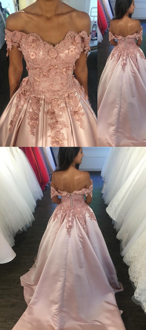 pearl pink satin ball gowns prom dresses with 3D Lace Flowers Beaded and off the shoulder neckline cg3421