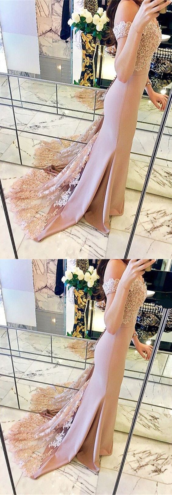 Chic Pearl Beaded Lace Sweetheart Off The Shoulder Mermaid Prom Dresses cg3424