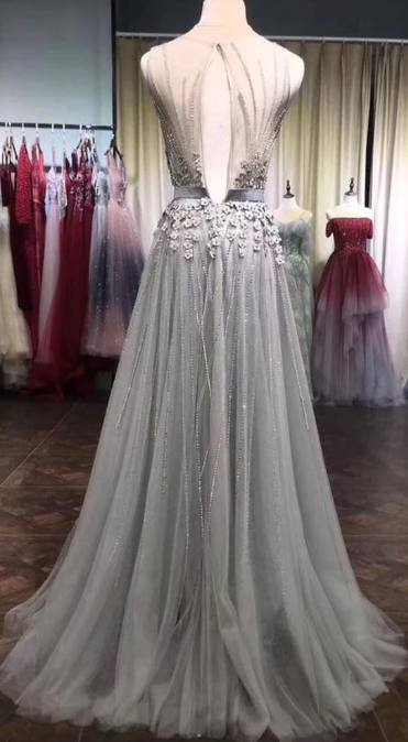 GRAY TULLE LACE BEADS LONG PROM DRESS, GRAY TULLE EVENING DRESS cg3440