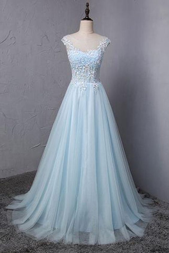 Light blue tulle scoop neck A-line long sweet 16 prom dress, lace formal dress cg3478
