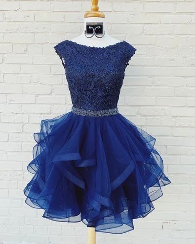 Elegant Tulle Navy Short Ruffles Homecoming Dress, Appliques Dress  cg3497