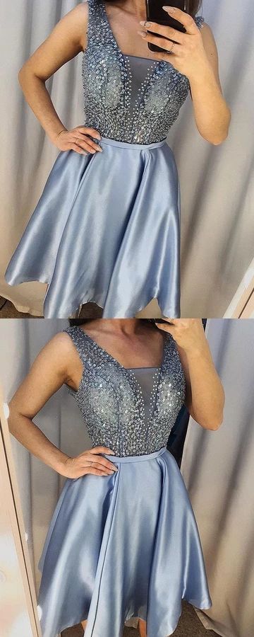 V-neck Beading Bodice Blue Homecoming Dress  cg3522