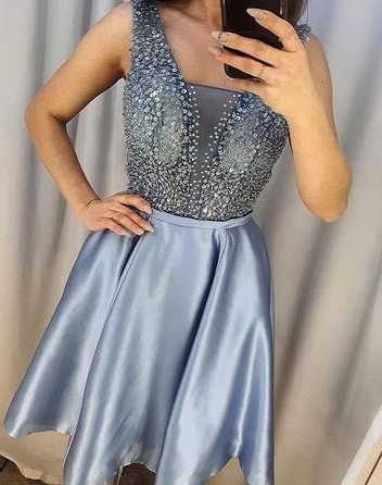 V-neck Beading Bodice Blue Homecoming Dress  cg3522