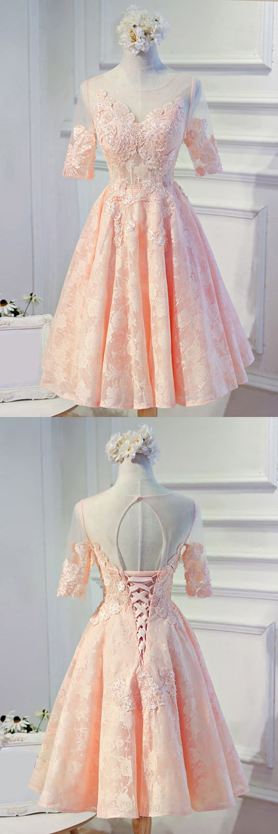 Modest Pink Lace Short Formal Party homecoming Dress With Sleeves cg3534