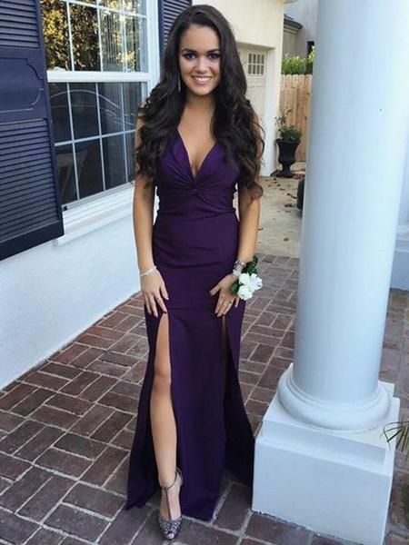 Mermaid V-Neck Backless Floor-Length Purple Prom Dress with Split cg3544