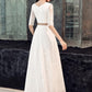 Elegant White Lace Long Short Sleeves Wedding Party prom Dress With Bow, Evening Dress cg3570