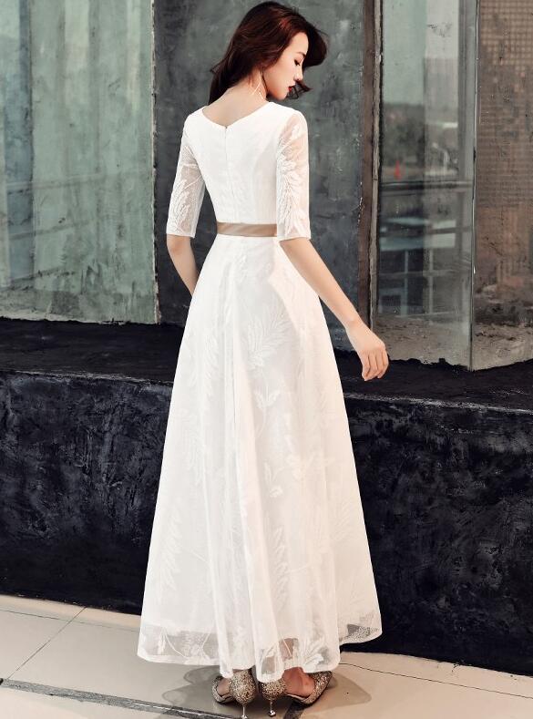 Elegant White Lace Long Short Sleeves Wedding Party prom Dress With Bo ...
