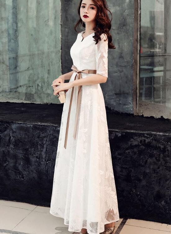 Elegant White Lace Long Short Sleeves Wedding Party prom Dress With Bow, Evening Dress cg3570