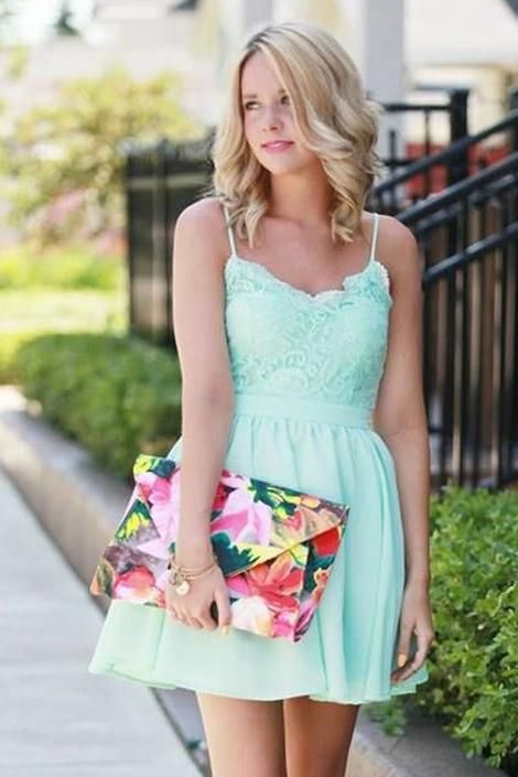 A-Line Spaghetti Straps Short Mint Chiffon Homecoming Dress With Lace cg3571