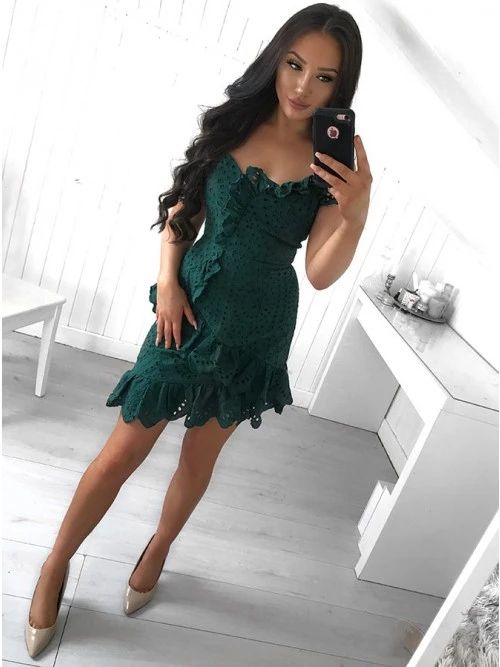 Stunning Lace Tight Asymmetry Dark Green Short Formal homecoming Dress cg3580