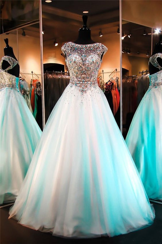 parkly A Line Bateau Neckline Open Back Cap Sleeve Aqua Tulle Beaded Prom Dress cg3588