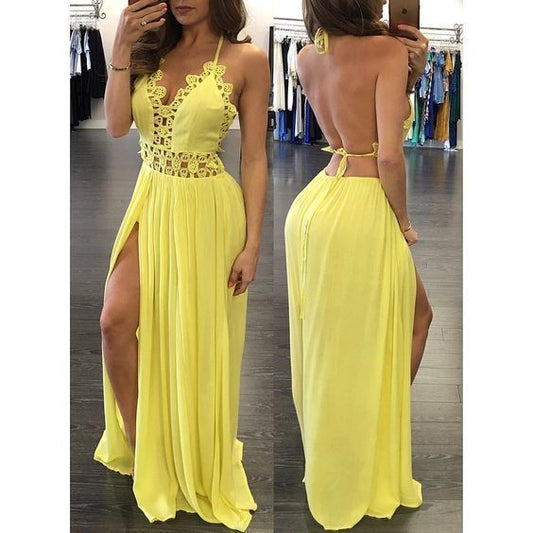 Yellow prom dress , open back prom dress ,long prom dress cg3593