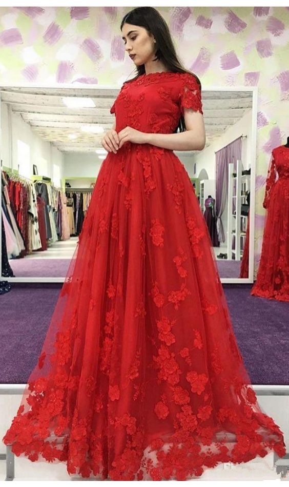 Short Sleeve Red Tulle Appliques Prom Dress, Long Prom Dresses, Formal Evening Dress cg3614