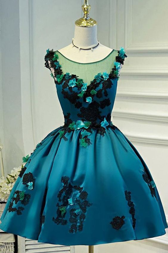 Satin Deep Green Vintage Sheer Appliques Homecoming Dresses Party Dres ...