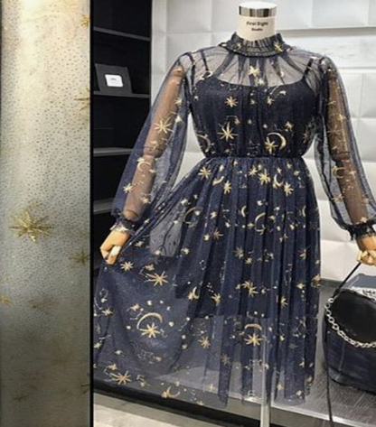 See Through Dark Navy homecoming Dress A-Line High Neck Dresses With Long Sleeves cg3654