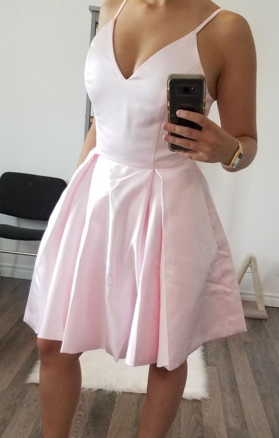 Pink Satin V-Neck 2019 Homecoming Dress, A-Line Cocktail Dresses With Pockets cg3659