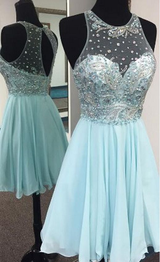 Blue Beaded Chiffon Sheer Strapless Homecoming Dress cg3676