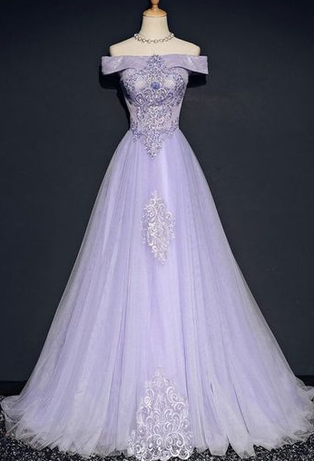 Lavender Off Shoulder Long Tulle Prom Dresses with Lace cg3678