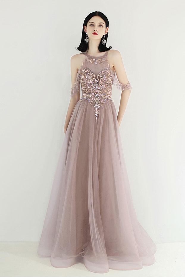 CHAMPAGNE TULLE SEQUIN BEADS LONG PROM DRESS TULLE EVENING DRESS cg3705