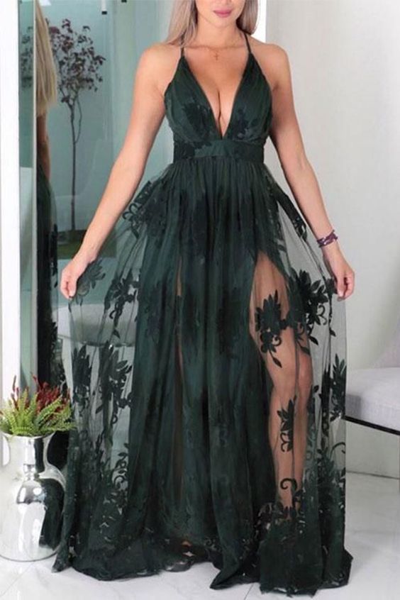 Glamorous Spaghetti Straps Long Dark Green Prom Dress with Appliques cg3709
