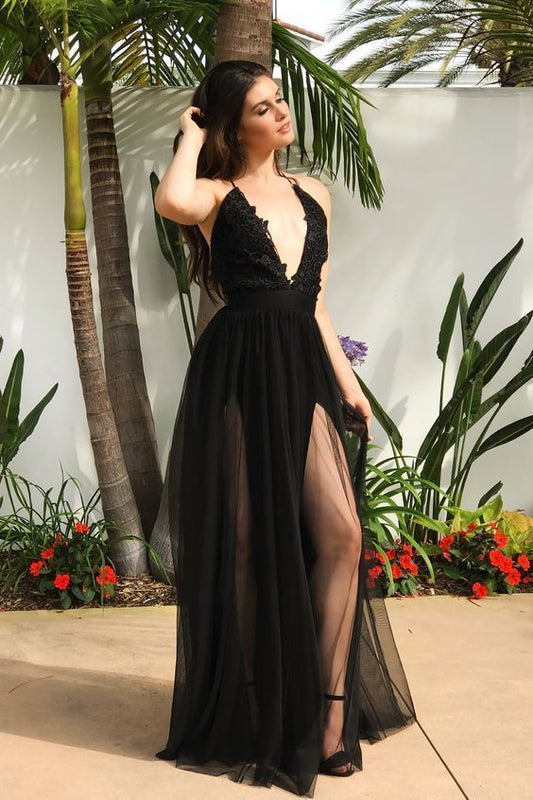 A-Line V-Neck Long Prom Dress with Split Black Evening Dress  cg3710