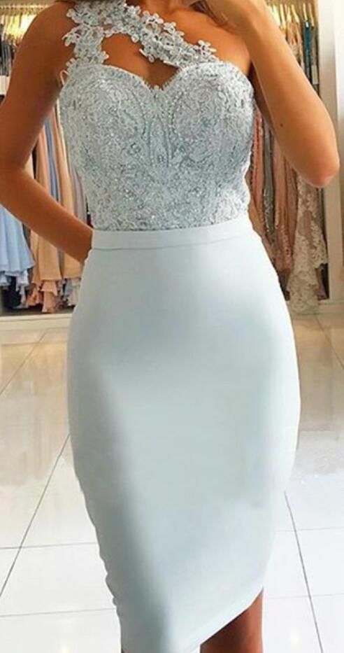 Sheath One Shoulder Light Blue Knee-Length homecoming Dress with Lace Beading cg374