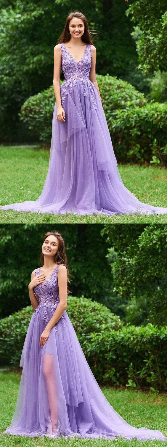 Purple Prom Dress,A-Line Prom Gown,Tulle Prom Dress,V-Neck Prom Gown cg3740
