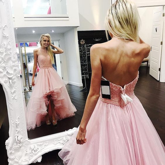 Backless Prom Dress, Pink Prom Dress, High Low Prom Dress, Elegant Prom Dress, Beaded Prom Dress, Halter Prom Dress cg3751