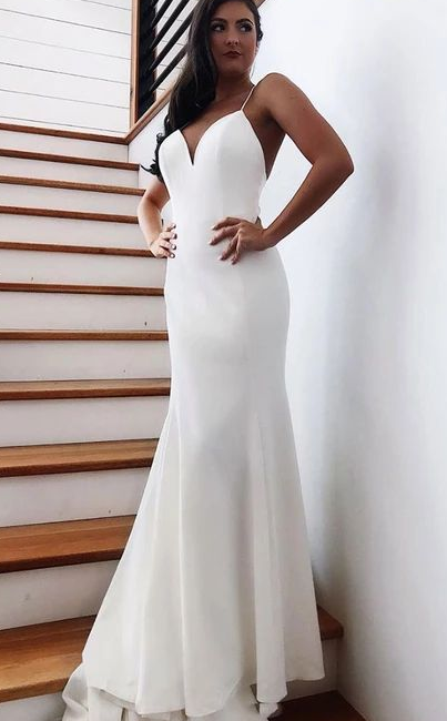 White mermaid long prom dress, white evening dress cg3774