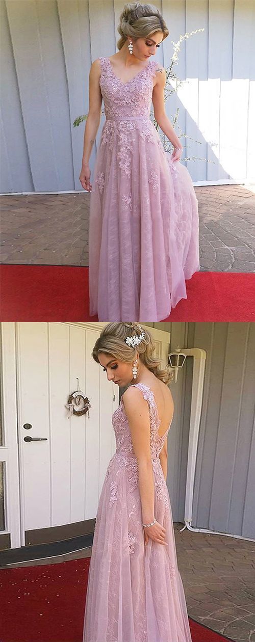 Pink V Neck Sleeveless Lace Backless Long  prom dress cg3777