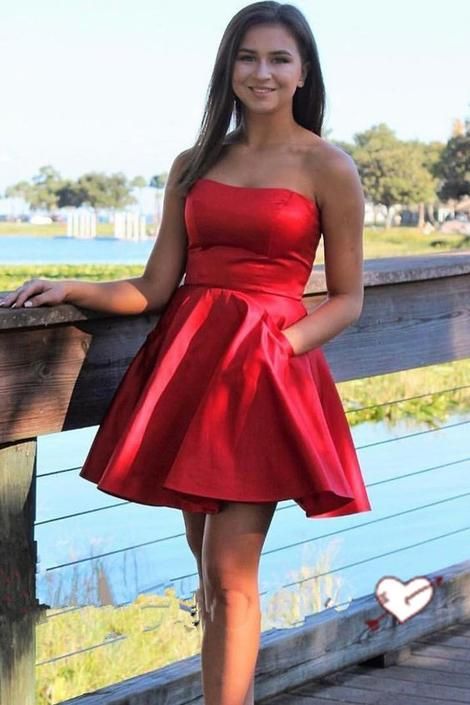 Strapless Short Homecoming Dresses, Red Homecoming Dresses with Pocket cg3787