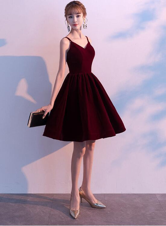 Lovely Velvet Burgundy Short Straps Homecoming Dress, Lovely Short Wedding Party Dress cg3799