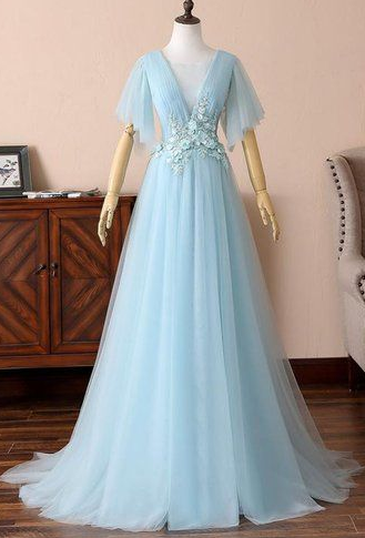 Blue Tulle V Neck Short Sleeve Long Prom Dress, Evening Dress With Applique cg3817