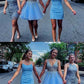 Spaghetti Straps Light Blue Tight Short Homecoming Dress With Appliques cg3831