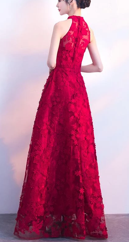 Charming Red Halter Lace Floor Length Party Dress, Red Prom Dress cg3836