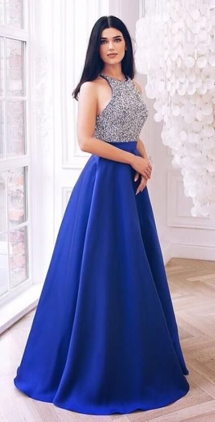 Silver Sequins Royal Blue Satin Formal prom Evening Dress cg3840
