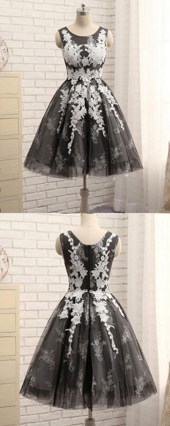 scoop neck white & black lace appliqued a-line homecoming dress cg3853