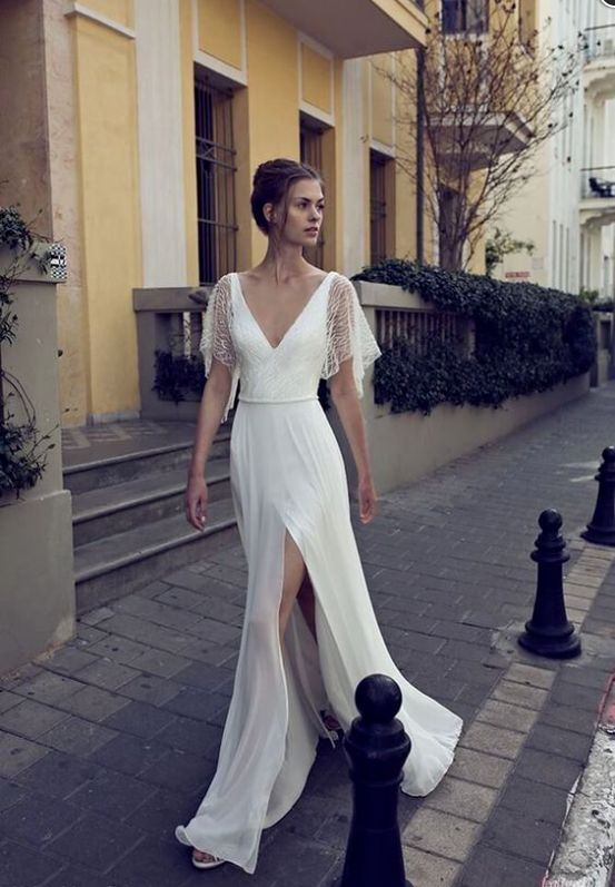 white party dress v-neck evening dress half sleeves prom Dresses lace formal dress  cg3873