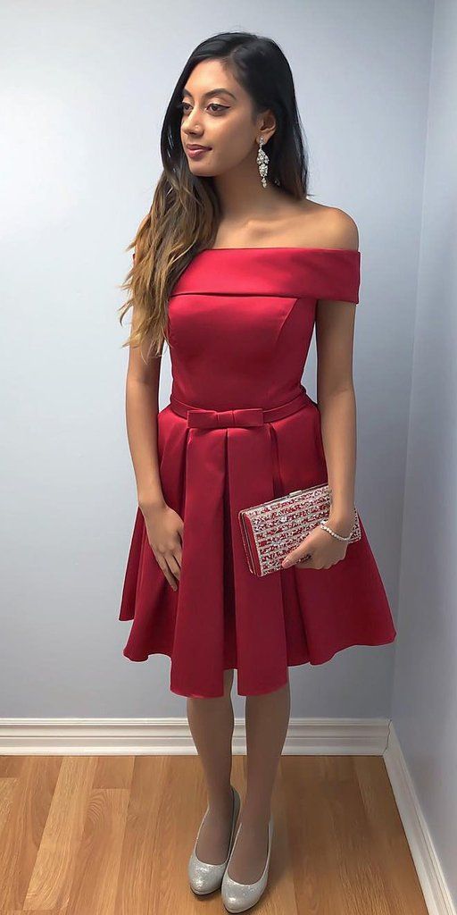 Off Shoulder Red Short  Dress Custom Made Short Satin Homecoming Dress Fashion Short Simple School Dance Dress  cg3901