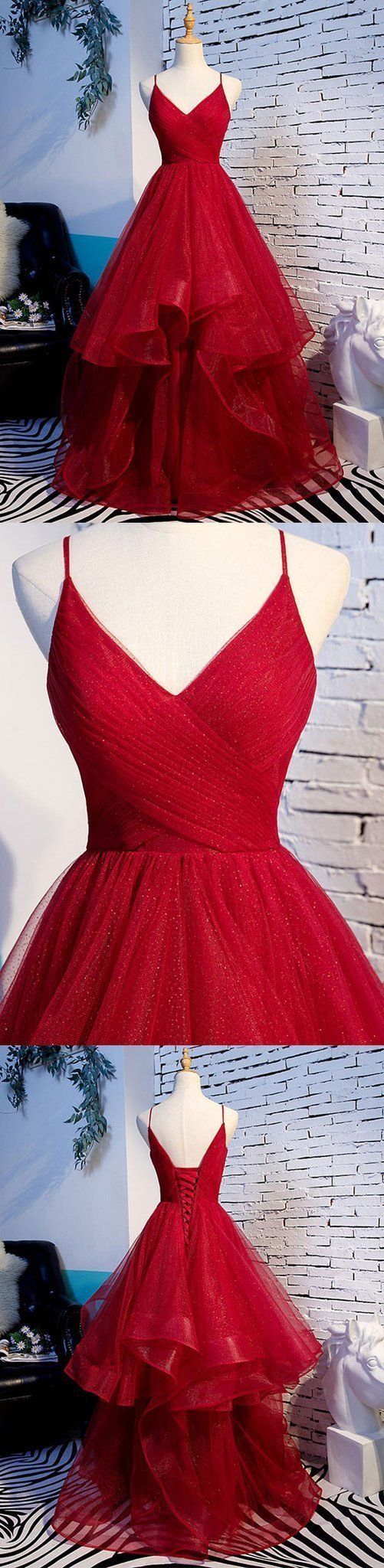 Elegant Tulle Red Straps Prom Dress, A Line Prom Dresses, Long Evening ...