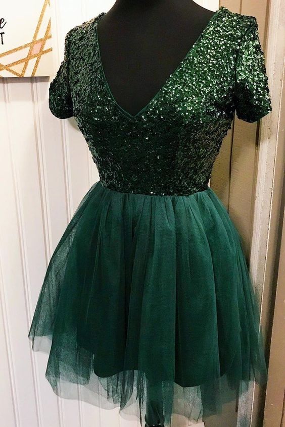 Sexy Sparkly Tulle Dark Green Homecoming Dress with Short Sleeve  cg3922